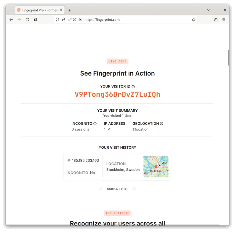 Visit 1 to fingerprint.com on Firefox with resistFingerprinting set to true