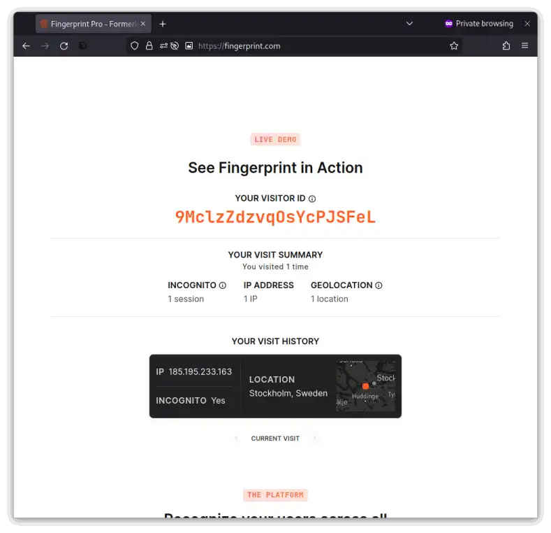 Visit to fingerprint.com on Firefox with resistFingerprinting set to true on Private Browsing mode