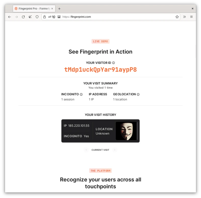 Visit 2 to fingerprint.com on Tor Browser